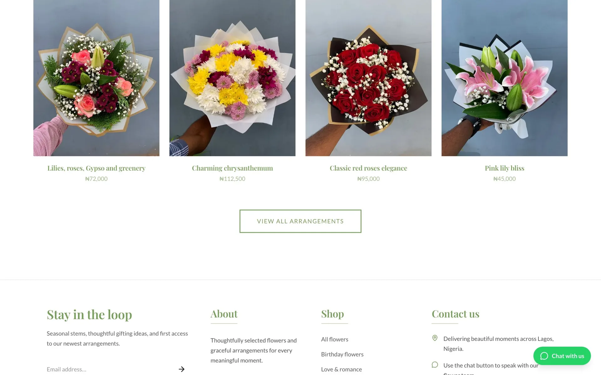 Boss Blossoms — arrangements with names and prices