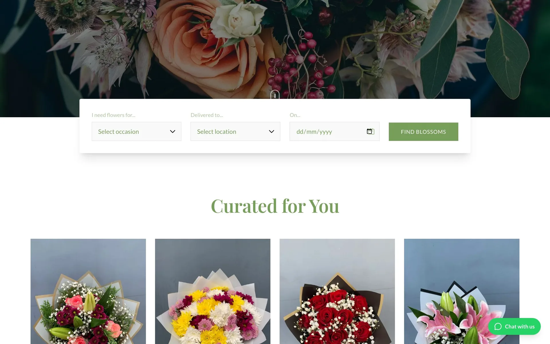 Boss Blossoms — occasion, location and date search, then curated picks