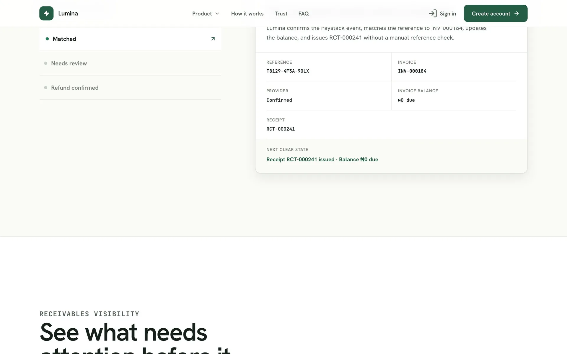 Lumina — a payment matched and a receipt issued